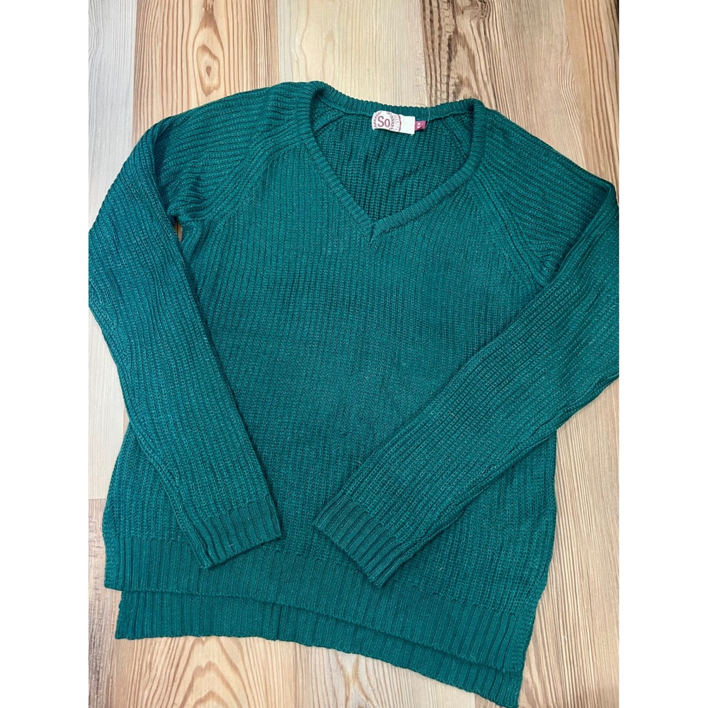 SO Heritage Womens Teal Green V-Neck Ribbed Knit Raglan Sweater Size M Cabincore